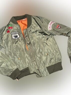 Olive Green Puffer Bomber Jacket with Patch Details